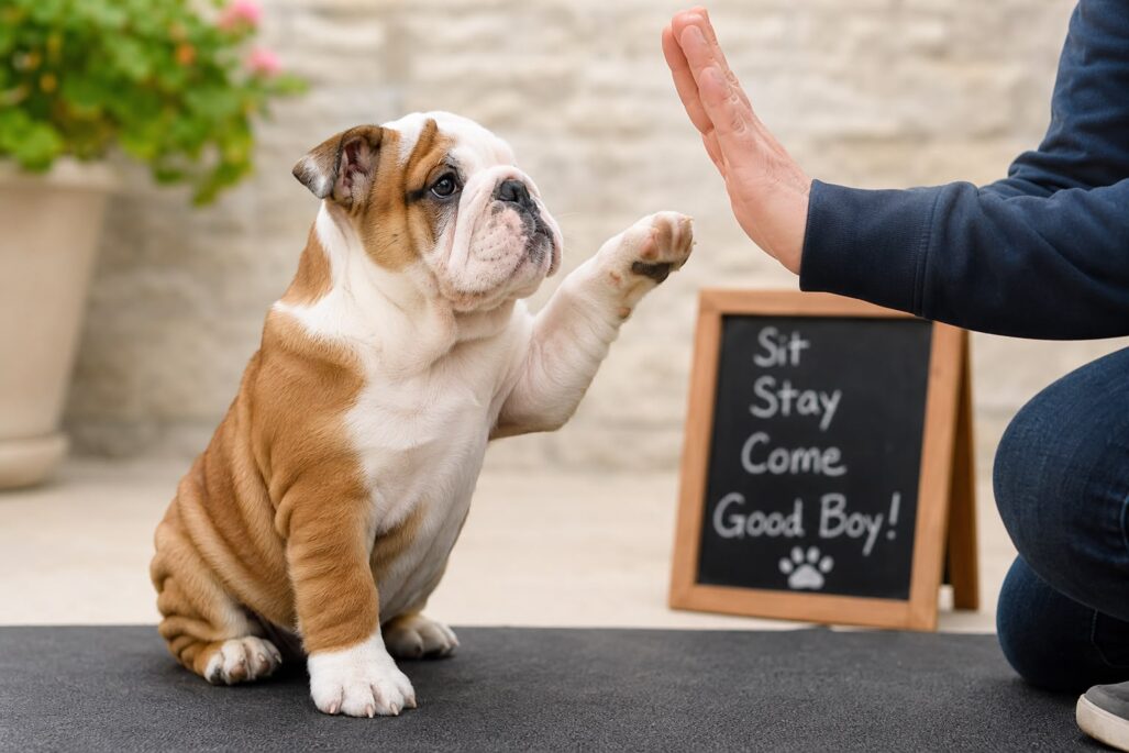 English Bulldog puppy learning basic obedience commands during training
